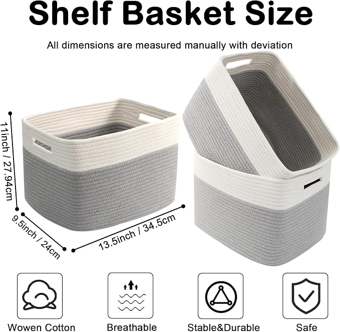 3 Pack Woven Baskets,Storage Baskets for Shelves with Handles | 13.5"×11"×9.5", Closet Baskets, Nursery Organizer for Toys Towels Books, Storage Bin for Living Room Bedroom (White & Grey) - Image 2