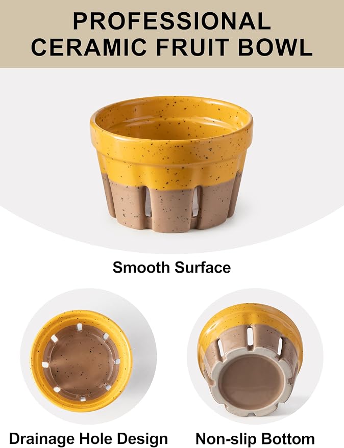 Gomakren Ceramic Berry Bowls with Holes Set of 2 for Fridge Yellow + Brown | Drain holes keep berries fresh, stackable, wash & serve, round strawberry basket for fridge kitchen counter, lovely home gift - Image 3