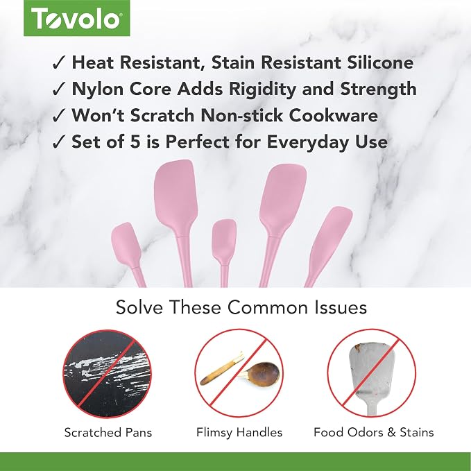 Tovolo Flex Core 5 Piece Silicone Spatula Set Heat Resistant All Silicone Utensils Include Non Stick Spatula Spoonula Jar Scraper, Dishwasher Safe BPA Free Spatulas for Baking Mixing, Pink Sorbet - Image 3