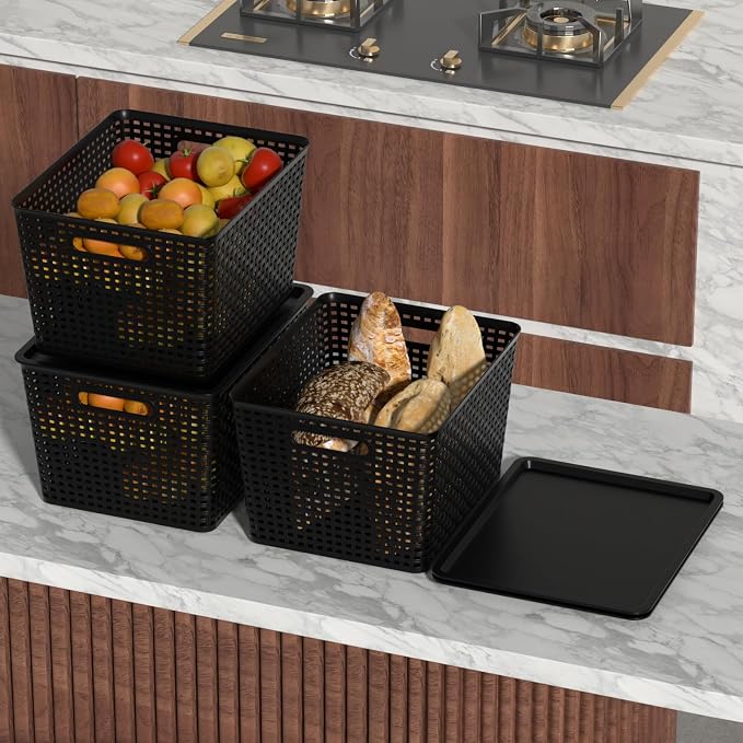Plastic Organizing Basket with Lid, Woven Storage Basket Set of 6 | Black, Stackable - Image 4