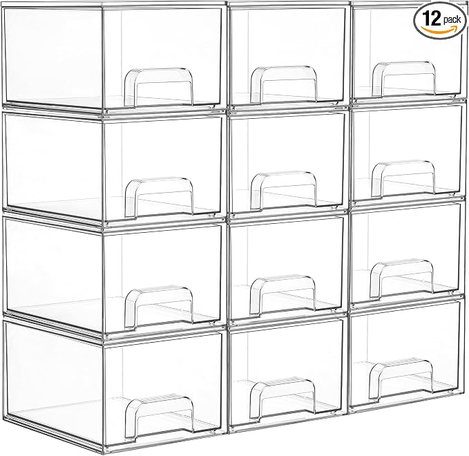 Vtopmart 12 Pack Small Clear Stackable Storage Drawers | Plastic Bins, Bathroom Makeup Organizer, For Vanity, Undersink, Kitchen Cabinets, Pantry, Home Organization by Vtopmart