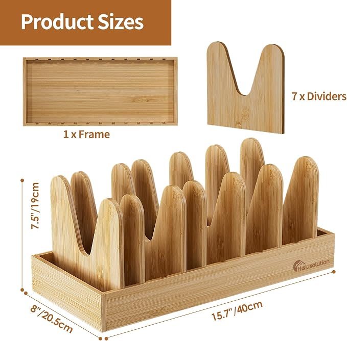 Housolution Bamboo Pot and Pan Lid Organizer Holder Storage Rack | 7 Adjustable Dividers, Upgrade Solid Wooden Base, Easy Assembly - Image 6