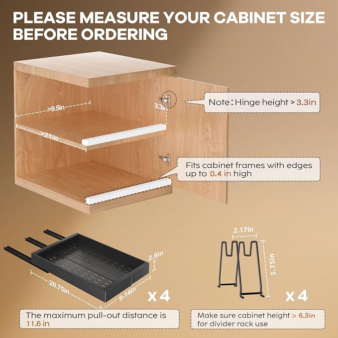 Seinloes 4 Pack Pull Out Cabinet Organizer 21" Deep with Raising Pad for Framed Cabinets, Expandable (9"-14" W) Slide Out Drawers for Kitchen Cabinets with 4pcs Divider Racks, Roll Out Shelves, Black - Image 3