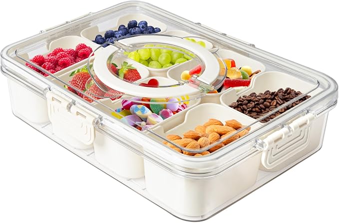 Divided Snackle Box with Handle Food Serving Tray Charcuterie Board with Lid Stackable Fruit&Veggie Container with 8 Small with Removable Boxes for Travel Snack Candy Nuts Spice by MineSign