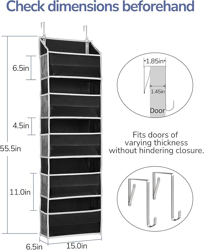 ULG 1 Pack Over The Door Organizer – 5 Shelf Door Organizer Hanging & 10 Side Pockets, Reinforced 44LB Capacity Hanging Organizer, Behind The Door Storage for Bedroom, Nursery, Pantry (Black) - Image 4
