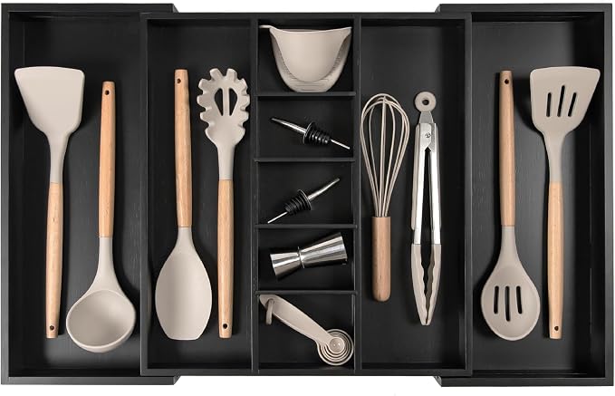 Utensil & Junk Drawer Organizer, 16-28 in, Black Bamboo | Food-safe contract grade, 100% sustainable wood, non-slip, adjustable by KitchenEdge