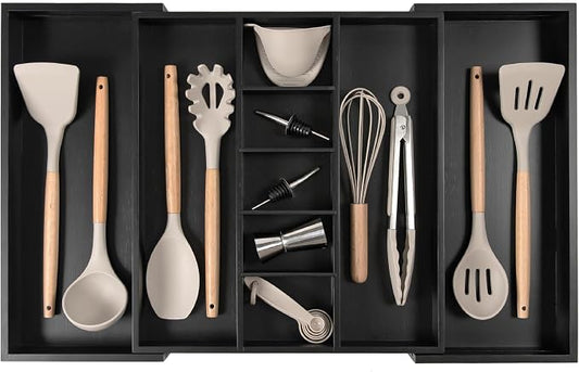 Utensil & Junk Drawer Organizer, 16-28 in, Black Bamboo | Food-safe contract grade, 100% sustainable wood, non-slip, adjustable by KitchenEdge
