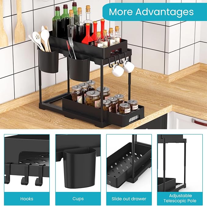 Pack of 2-Under Sink Organizer, Multi-Purpose Under Cabinet Storage with Hooks Hanging Cups, Heavy Load pull-out 2-Tier Under Sink Storage Organizer and Large Capacity Bathroom Cabinet (Black) - Image 5