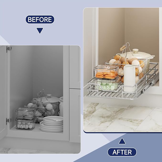 Pull Out Cabinet Organizer, 11.5" W x 21.5" D, Heavy Duty Chrome Slide Out Shelf for Narrow Base Cabinets, Sliding Wire Basket Drawer for Spices, Bottles, Snacks & Cleaning Supplies - Image 8