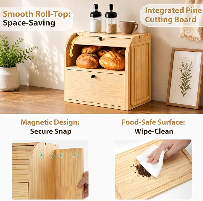 Sunhoo Wooden Bread Box for Kitchen Countertop, Roll Top Breadbox, Natural | Large Double Layer Pantry Container, Solid Wood with Cutting Board, Fresh Homemade Sourdough Bin Cabinet, Vintage Farmhouse - Image 3