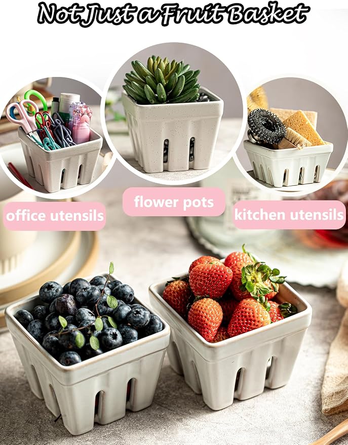 Gomakren Berry Bowl Set of 2, Ceramic Berry Basket, Square Fruit Bowls with Holes, Rustic Fruit Basket Containers for Kitchen Fridge, Berries, Strawberry, Grape, Cherry, Cream White - Image 5