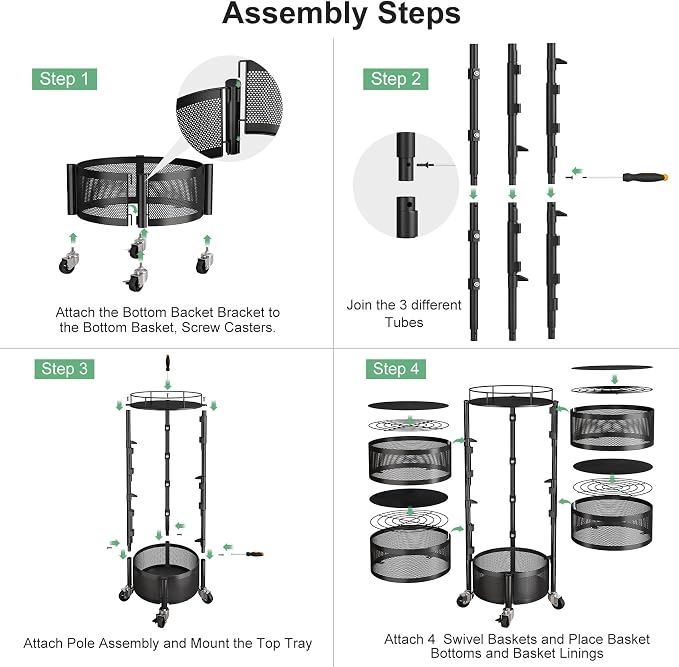 SNTD Fruit and Vegetable Basket Bowls for Kitchen with Metal Top Lid, 5 Tier Rotating Storage Rack Cart for Potato Onion Bread Banana, Wire Basket Organizer on Wheels, Large, Black - Image 8