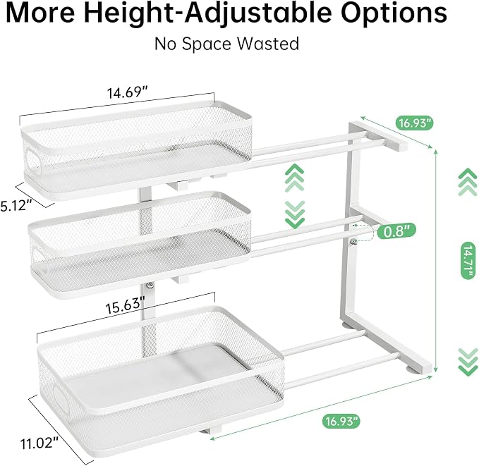 3-Tier Under Sink Organizer, Pull Out Cabinet Organizer for Kitchen & Bath | Height Adjustable, Heavy Duty Carbon Steel Holds 60 lbs, Rust-Proof Fits Kitchen Cabinet, Bathroom, Pantry & Laundry - Image 2