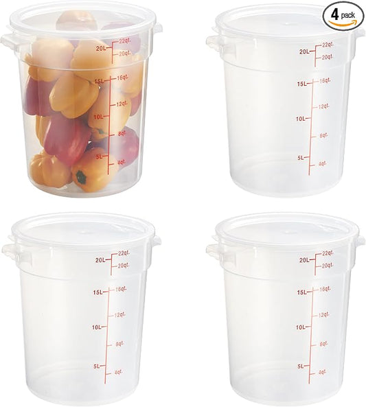 22 Quart Translucent Round Food Storage Container with Lid, Pack of 4 – NSF Listed, BPA-Free, Commercial-Grade Polypropylene, Freezer & Dishwasher Safe, Non-Stick, Easy-Read Graduations by CURTA