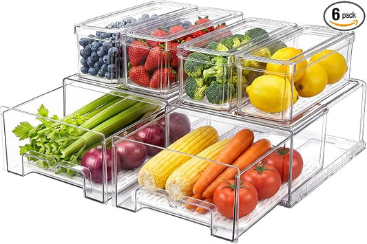 6Pack Fridge Organizers and Storage with Drain Trays,BPA-Free PET,Stackable | 2 Pull-Out Organizers & 4 Containers with Drain Trays For Fruit, Vegetable, Drink, Snack Food Storage by YKIOKE