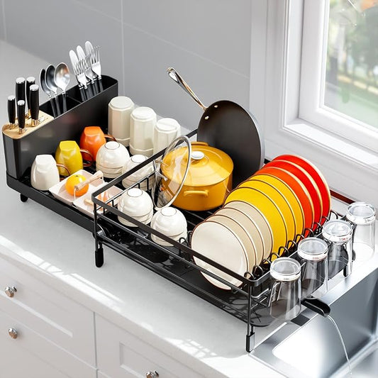 Urackify Extendable Dish Drying Rack, 18.5"-26.7" L x 12.7" W, Black | Multifunctional large dish rack with cup holder and built-in cutlery holder for versatile drying needs by Urackify