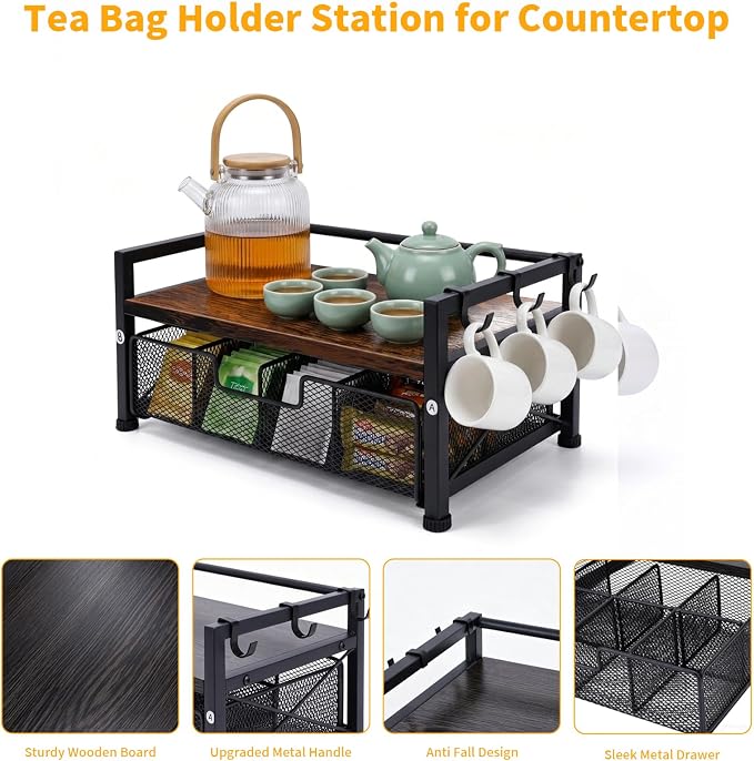 Tea Bag Coffee Bar Organizer,Teabag Holder & Coffee Station with Storage Drawer,Wood Tea Station Chest Display Container Box for Countertop Kitchen (Rustic Brown) - Image 2