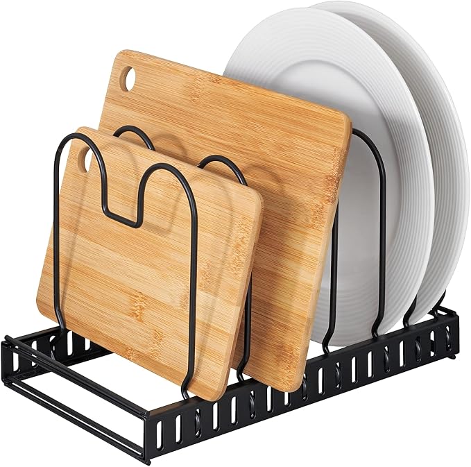 WENKO Pan Storage and Lid Holder, Telescopic Storage for Cupboards with 6 Compartments for Frying Pans and Lids, Cutting Board, Metal, 30-57 x 18 x 18 cm, Black - Image 3