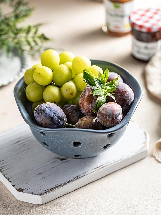 Gomakren Fruit Basket Set of 2, Ceramic Fruit Bowl Berry Basket with Holes, 7.6 Inch Fruit Containers Colander for Fridge - Farmhouse Kitchen Decor, Slate Blue - Image 4