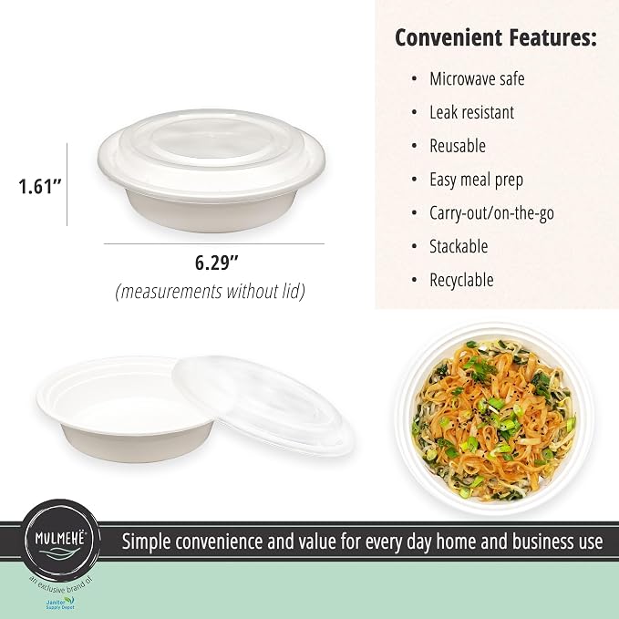 MULMEHË Plastic Food Storage Take-Out Container and Lid Combo, 16 oz, Microwaveable, Round, White, 6x1.5”, Set of 150 - Image 2