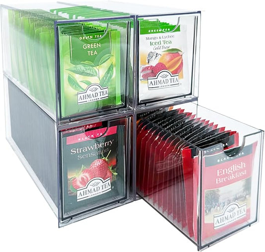 AZEZO 4-Pack Tea Bag Drawers Organizer - 4 Clear Plastic Drawer Tea Bag Holder; Stackable & Portable; Wider Size; Well-Organized Storage for Tea Bags & Kitchen Essentials by Unknown