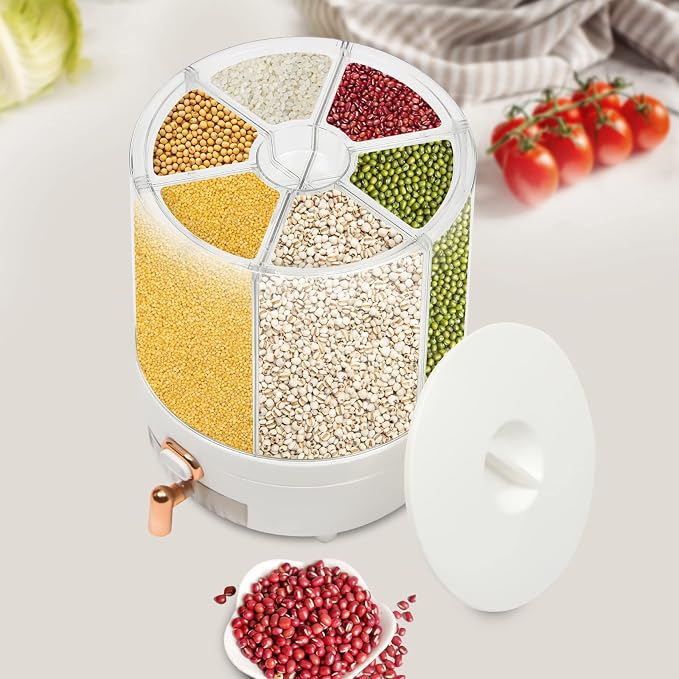 360° Rotating Grain Dispenser With 6 Grids, 13.2lbs Large Capacity Grain Dispenser Rotating Kitchen Storage Containers With Sealed Lid For Peanut Barley Millet And Cereal (White, 14.3 lbs) - Image 3