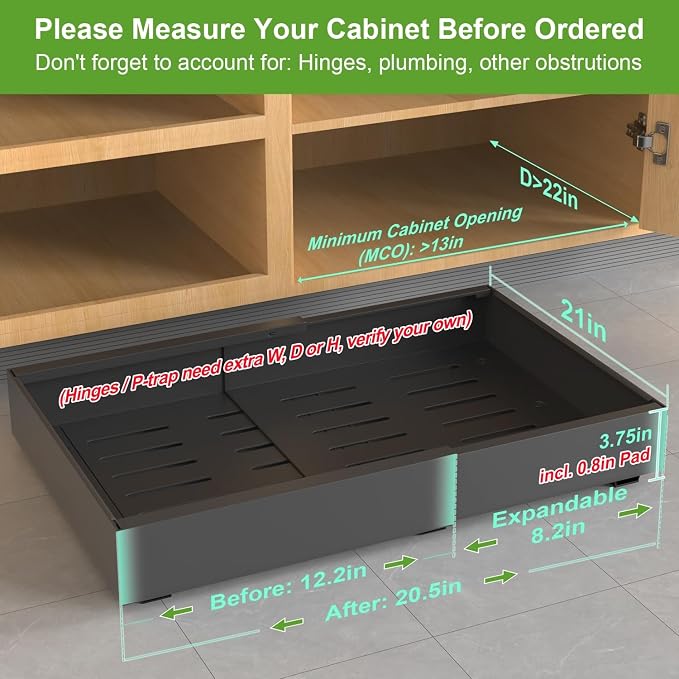 2-Pack Expandable Pull Out Cabinet Organizer 21"Deep(12.2"-20.5"W), 3 Full Extension Glides Slide Out Drawers, Roll Out Shelves Adhesive Raising Pad,Compatible Framed Cabinets,90lb Cap,Black - Image 2