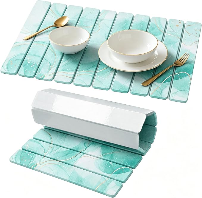 Stone Drying Mat for Kitchen Counter, Quick Diatomaceous Earth Mats for Dishes, 24"L x 16" W Super Absorbent Fast-Drying Collapsible Countertop Stone Mat (Marble White Green-01, 24" x 16") by Unknown