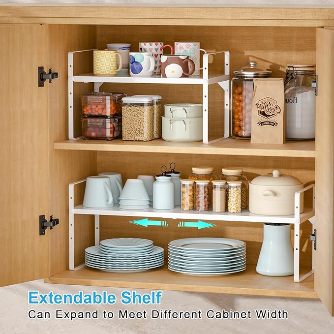15.5 to 25.5 Inch Kitchen Cabinet Shelf Organizers, Adjustable Kitchen Counter Shelf Organizer, Set of 4 Expandable Countertop Storage Shelves, Stackable Design, 30LBS Heavy Duty, Space Saver - Image 4