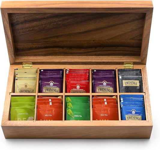 Ironwood Gourmet Rectangular Vauxhall Double Tea Box, Acacia Wood,Brown, 10 Compartment | Store & Display Your Tea Bag Collection | Beautiful Acacia Wood Tea Box Organizer With Lid | Stores Jewelry & Craft Supplies by Ironwood