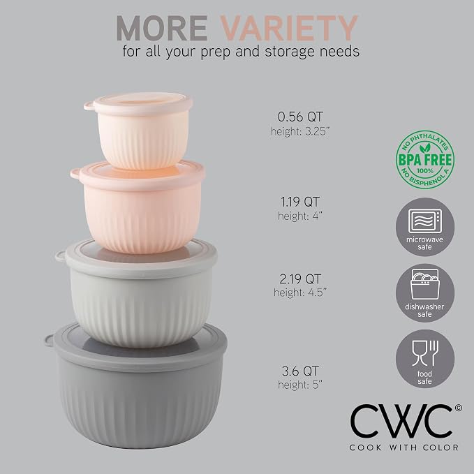 COOK WITH COLOR Prep Bowls with Lids- Wide and Deep Nesting Plastic Small Mixing Bowl Set with Lids, 8 Piece Set - Deep Bowls, Grey/Pink - Image 4
