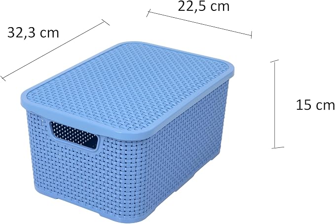 BranQ Home essential Basket with Lid in Rattan Design, Set of 2, Size M, 10 L, BPA-Free Plastic PP, Denim Blue, 28.8 x 19.7 x 16.2 cm, Pack of 2 - Image 2