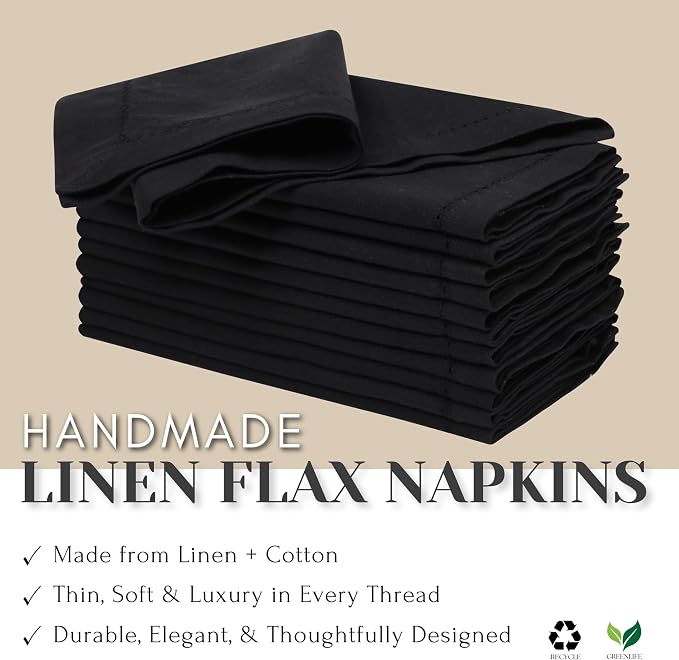 Ramanta Home Black Cloth Dinner Napkin Set of 24-18x18 Inch | Cotton Linen Flax Hemstitched Napkins Washable for Everyday Use - Image 6