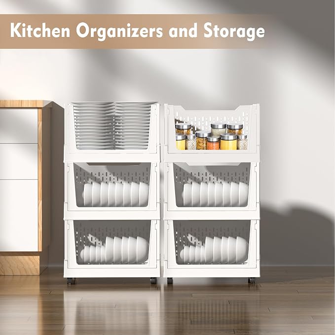 Stackable Plastic Storage Basket, 3 Pack Foldable Closet Organizers and Storage Bins with Wheels, Collapsible Drawer Shelf Storage Box Container for Office Bedroom Closet Wardrobe Kitchen Bathroom - Image 5
