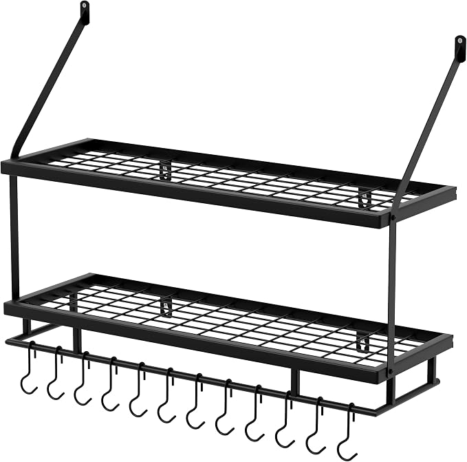 KES 30-Inch Kitchen Pot Rack - Mounted Hanging Rack for Kitchen Storage and Organization - Matte Black 2-Tier Wall Shelf with Guard Rail for Pots and Pans Organizer with 12 Hooks - KUR215S75B-BK - Image 7