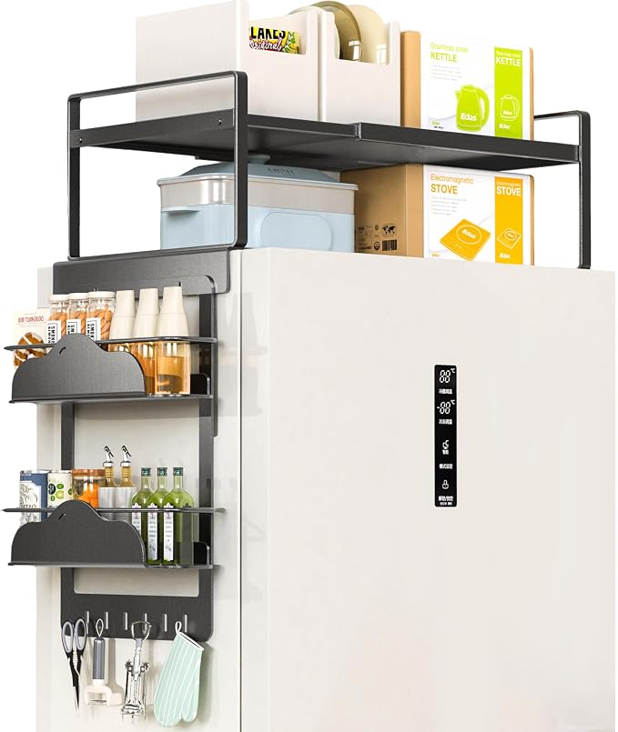 Adjustable Over The Fridge Organizer Side Magnetic Spice Rack,12.4"-23.62" Expandable Top Shelf with Hook & Magnetic Dual Fixed Spice Rack, Fits Most Large Kitchen Laundry Appliances,Dark Grey by Unknown