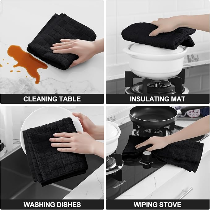 Homaxy Premium Ring Spun Cotton 390 GSM Kitchen Towels, 6 Pack, Black | 16" x 28" Large Dish Towels, Super Absorbent Terry Hand Towels, Soft Tea Towels with Hanging Loops - Image 4