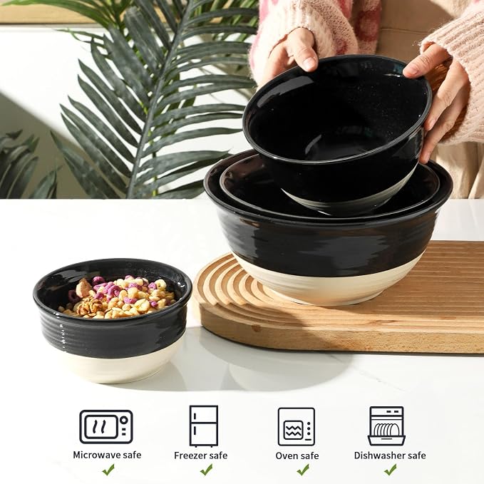 HASENSE Nesting Ceramic Mixing Bowls Set of 4, 2.5/1.5/1.0/0.5 Qt Black & Beige Stoneware Bowls, Farmhouse Bowls for Cooking, Baking, Fruit & Holiday Serving, Dishwasher & Microwave Safe - Image 6