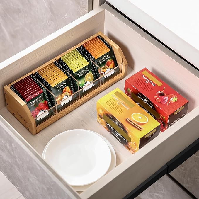 Small Bamboo Tea Bag Organizer, Tea Box Storage Holder, Natural | Holds 60 tea bags, Removable Compartments, Acrylic Dividers, Wood, for Cabinet, Countertop, Office, Drawer, K cups, coffee - Image 2