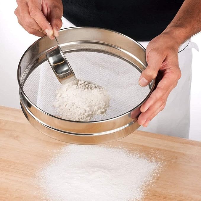 Flour Sifter, Stainless Steel Fine Mesh Strainers Flour Sieve, Sieve Fine Mesh Kitchen Home Flour Sieve with 4 Different Design Shape Disks (Jaali), Aata Chalani Durable Professional Round - Silver - Image 6