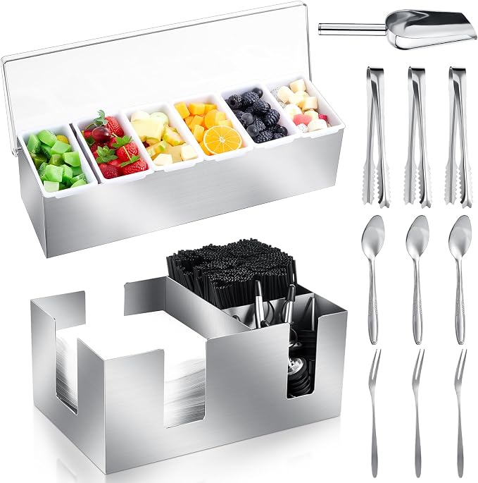 Tessco for you Garnish Tray with Lid Bar Caddy Ice Cooled Condiment Serving Container with Ice Scoop Metal Mini Serving Tongs Fruit Fork Spoons for Food Home Party Kitchen(Stainless Steel,6 Grids) by Tessco