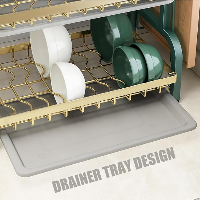 CAKERS Dish Drying Rack with Removable Drain Tray|Carbon Steel Dish Strainers for Kitchen Counter|Tableware Holder Dinnerware Drainer Organizer,Green-Gold,3 Tier-Main Shelf - Image 4