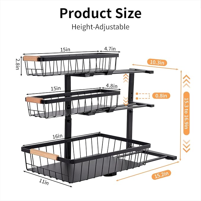 3 Tier Grid Pull Out Organizer Black 2 Pack Sliding Rack | 2 pack heavy duty grid racks for bulk storage of cleaning supplies in kitchen laundry and bathroom cabinet spaces - Image 3