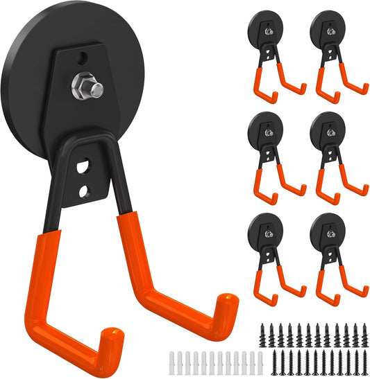 6Pcs Heavy Duty Storage Magnetic Utility Hooks Large Garage Strong Extra Magnet Hooks Hanger with Anti-Slip Coating Heavy Duty Magnetic Hooks for Hanging Power Dril Garage Garden Tools Orange