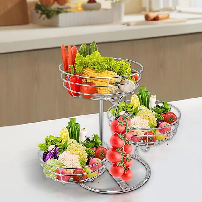 Livabber Fruit Basket Bowl with Banana Hanger, Fruit Vegetable Storage Basket with Banana Tree Holder for Kitchen Counter, Detachable Organizer for Bread Snack Produce (Chrome, 3-Tier Metal Base) - Image 8