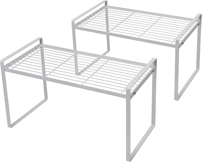 Shantton Cabinet Shelf Organizer, Pantry Shelf Rack, White 16x8.3x9.5 | 2-Pack Stackable Metal Riser Holds 40LBS with Non-Slip Feet for Kitchen Pantry Bathroom Countertop Freezer Cupboard by Shantton