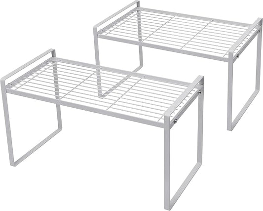 Shantton Cabinet Shelf Organizer, Pantry Shelf Rack, White 16x8.3x9.5 | 2-Pack Stackable Metal Riser Holds 40LBS with Non-Slip Feet for Kitchen Pantry Bathroom Countertop Freezer Cupboard by Shantton