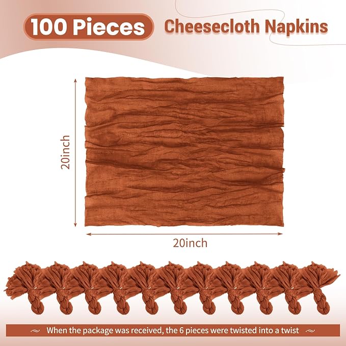 100 Pack Terracotta Fall Napkins 20x20Inch Cheesecloth Napkins | Elegant Cloth Napkins for Table, Washable Rustic Boho Gauze Napkins, for Wedding Party Bridal Baby Shower Dinner Table Decor - Image 2