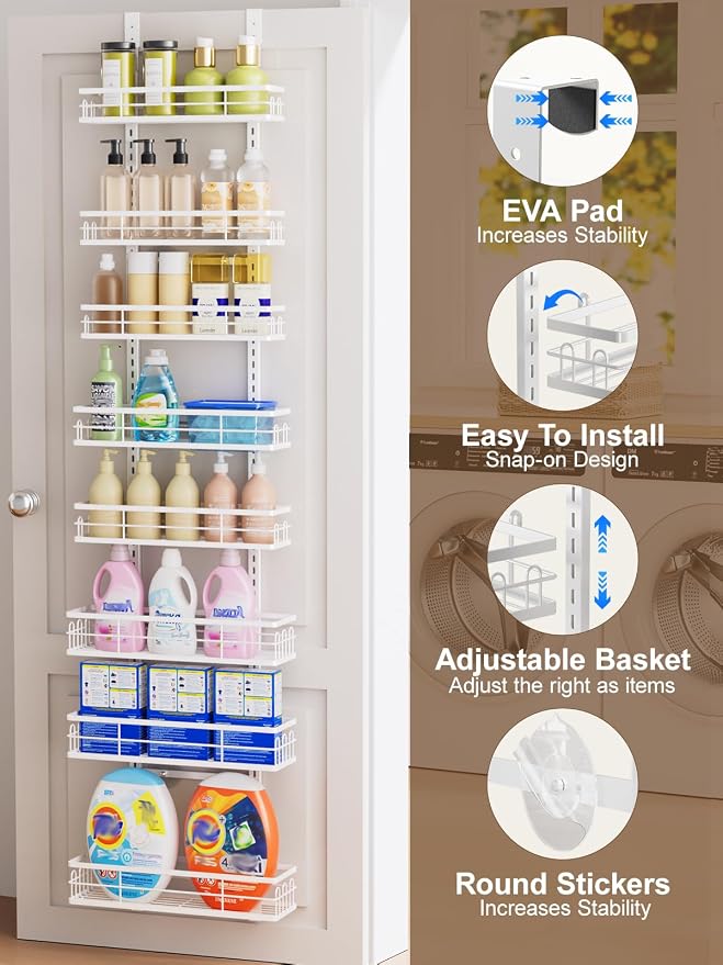 Delamu 9 Tier Over The Door Pantry Organizer, Pantry Organization and Storage, Hanging Spice Rack for Pantry Door Organizer, Metal Pantry Door Shelves for Kitchen Bathroom Laundry Room,15.3" White - Image 4