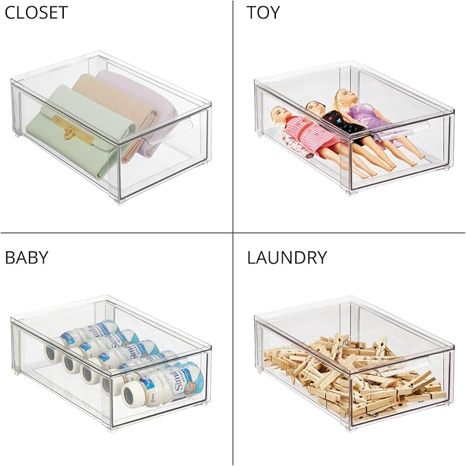 mDesign Plastic Stackable Bathroom Storage Organizer Bin with Pull Out Drawer for Cabinet, Vanity, Shelf, Cupboard, Cabinet, or Closet Organization - Lumiere Collection - 8 Pack - (Clear, 8 x 12 x 4) - Image 7